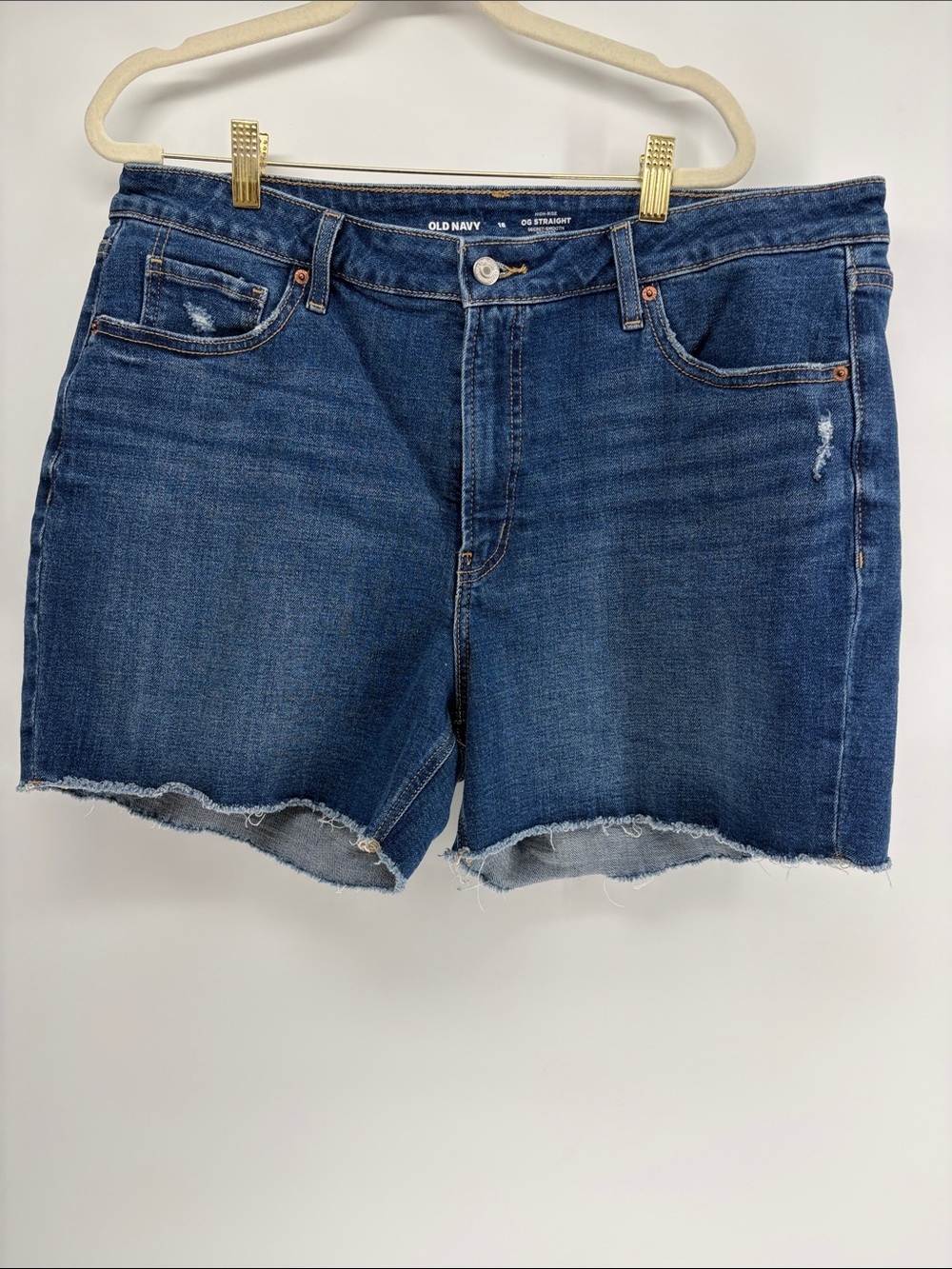 Old Navy High Rise OG Straight Secret Smooth Pkts Denim Frayed Cutoff Shorts 18
